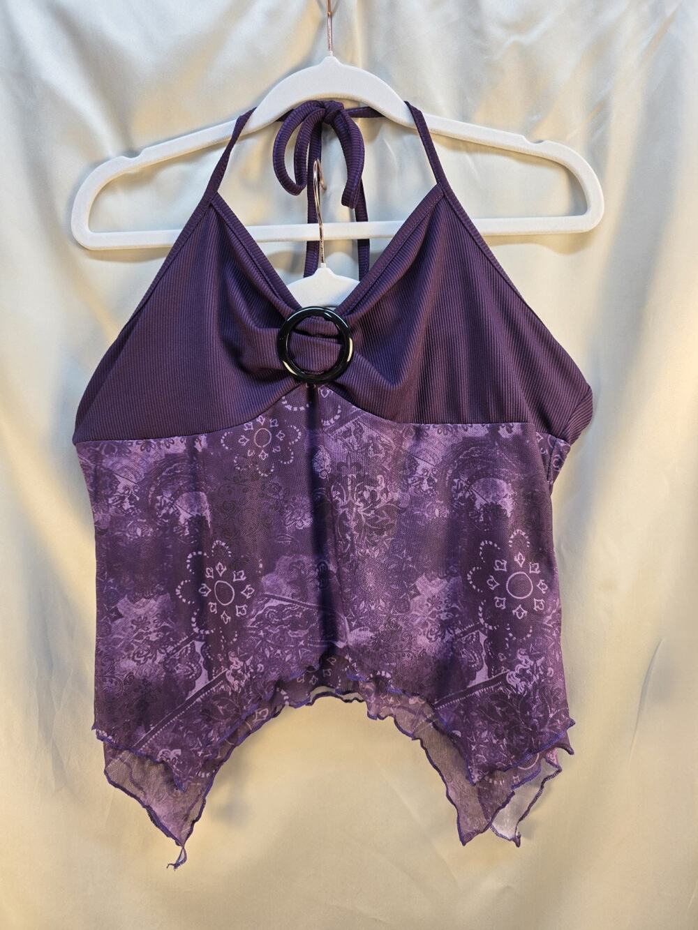 Romwe Retro Y2k Juniors Large Purple Halter Top Backless Handkerchief Hem Hippie